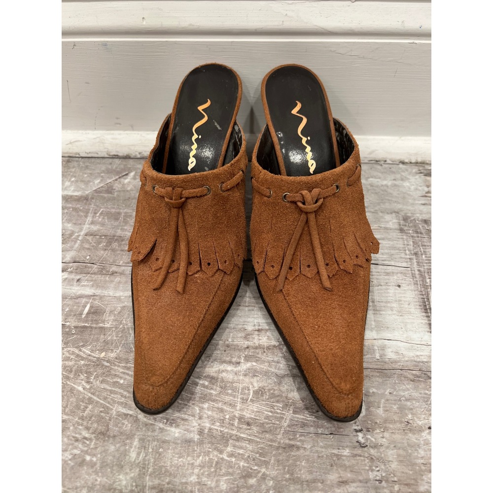 Nina Cognac Western Mule Heels Women's 7M Brown Suede Fringe Pointed Toe Y2K